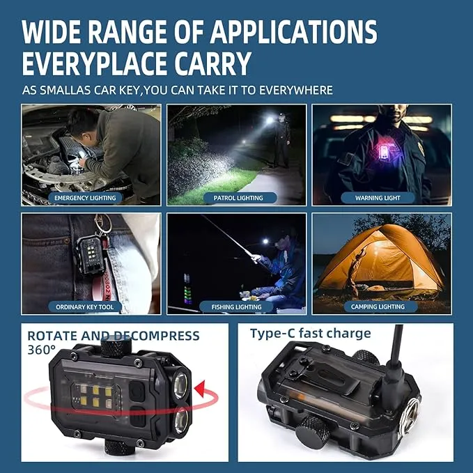 1000 LM LED Small Powerful Flashlight with COB Side Light, USB Rechargeable LED Keychain Flash Light, 8 Lighting Modes with Clip, IPX4 Waterproof, and Tail Magnet (Black)