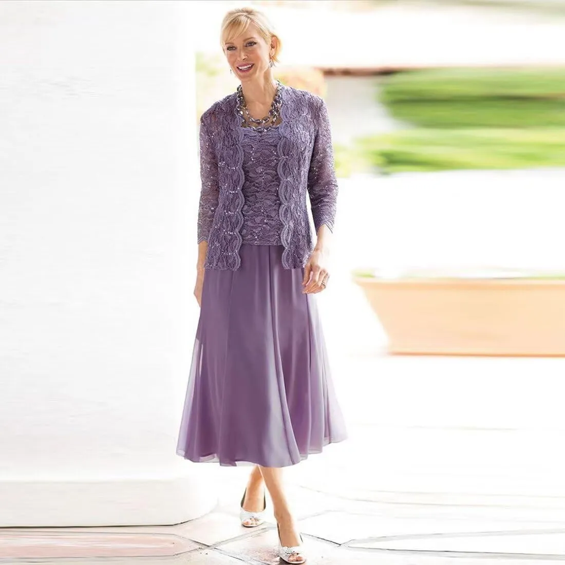 2 Piece Mother of The Bride Dresses for Wedding Tea Length Chiffon Formal Evening Dresses with Jacket