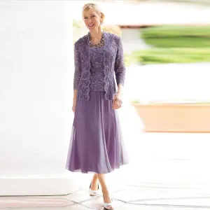 2 Piece Mother of The Bride Dresses for Wedding Tea Length Chiffon Formal Evening Dresses with Jacket