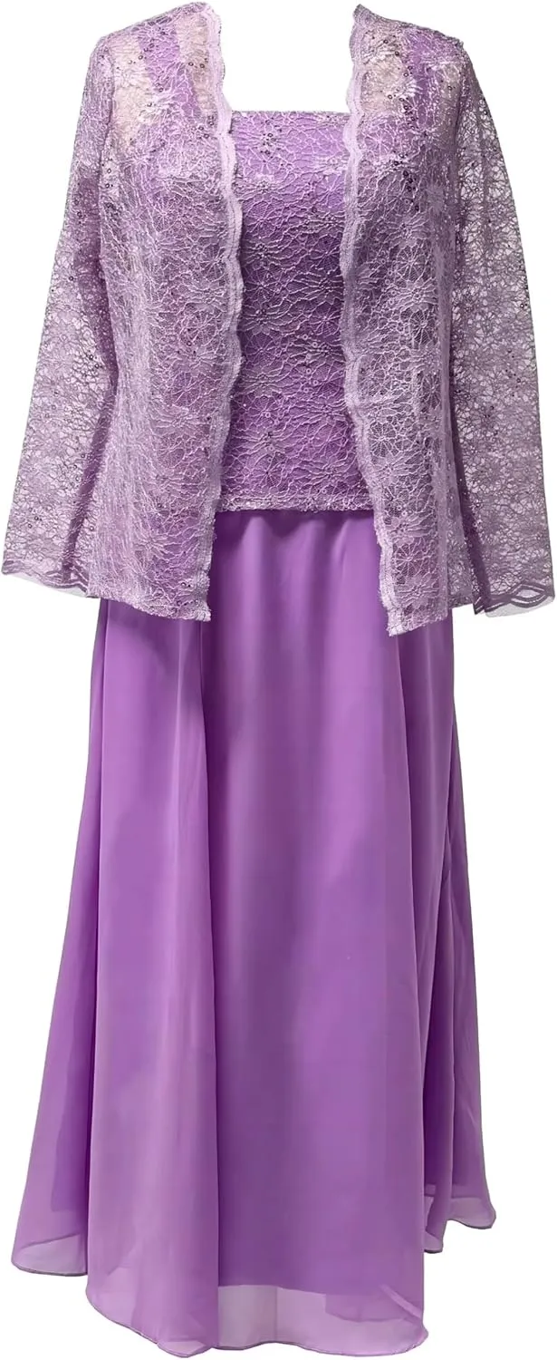 2 Piece Mother of The Bride Dresses for Wedding Tea Length Chiffon Formal Evening Dresses with Jacket