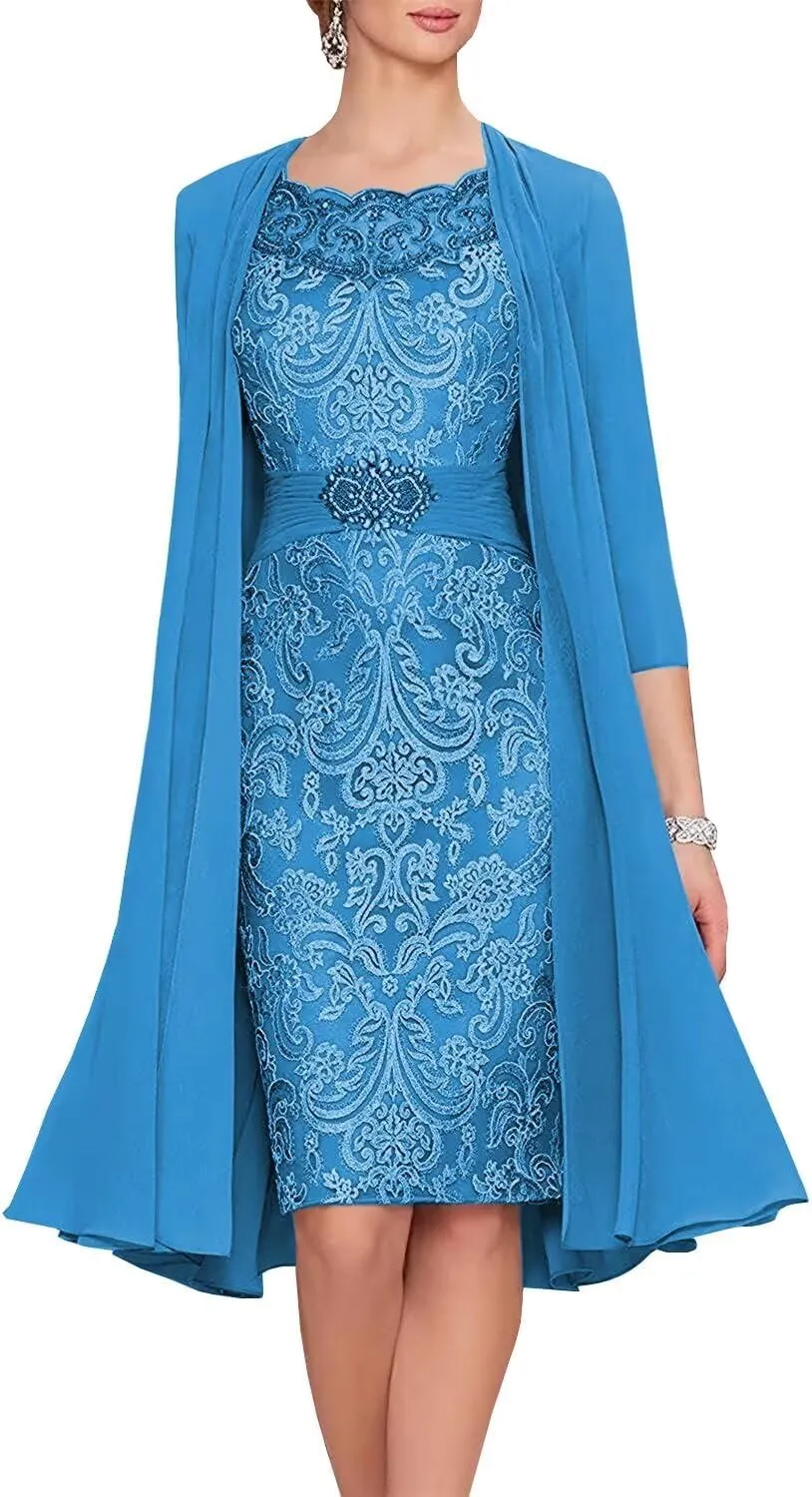 2 Pieces Mother of The Bride Dresses for Wedding Laces Chiffon Formal Evening Gowns with Jacket