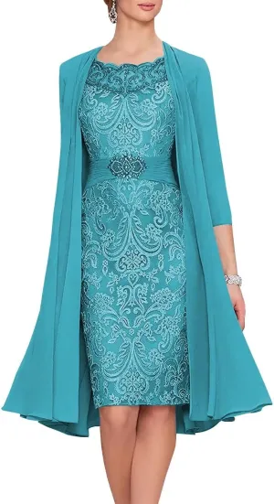2 Pieces Mother of The Bride Dresses for Wedding Laces Chiffon Formal Evening Gowns with Jacket