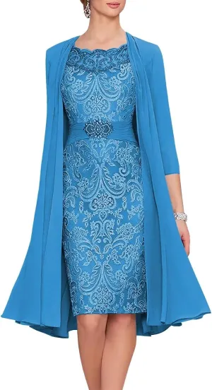 2 Pieces Mother of The Bride Dresses for Wedding Laces Chiffon Formal Evening Gowns with Jacket