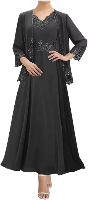 2 Pieces Mother of The Bride Dresses with Jacket Chiffon Laces Plus Size Formal Evening Dress