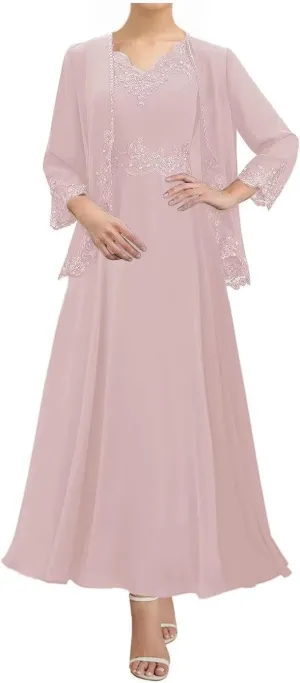 2 Pieces Mother of The Bride Dresses with Jacket Chiffon Laces Plus Size Formal Evening Dress