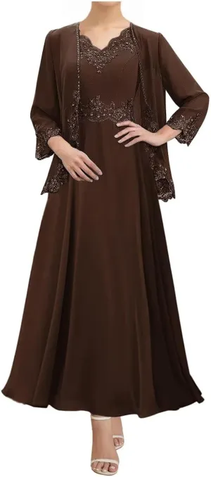 2 Pieces Mother of The Bride Dresses with Jacket Chiffon Laces Plus Size Formal Evening Dress