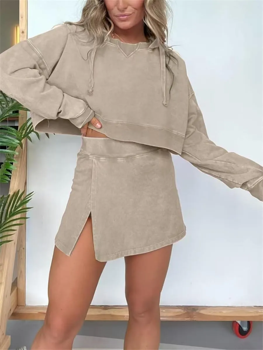 2024 New Lounge Washed Hoodie Skirt Set, Pink Laura Lounge Long Sleeve Skort Set, Mini Sweat Skort Set 2 Piece Outfits