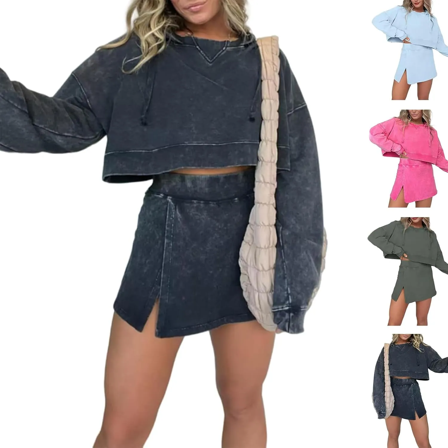 2024 New Lounge Washed Hoodie Skirt Set, Pink Laura Lounge Long Sleeve Skort Set, Mini Sweat Skort Set 2 Piece Outfits