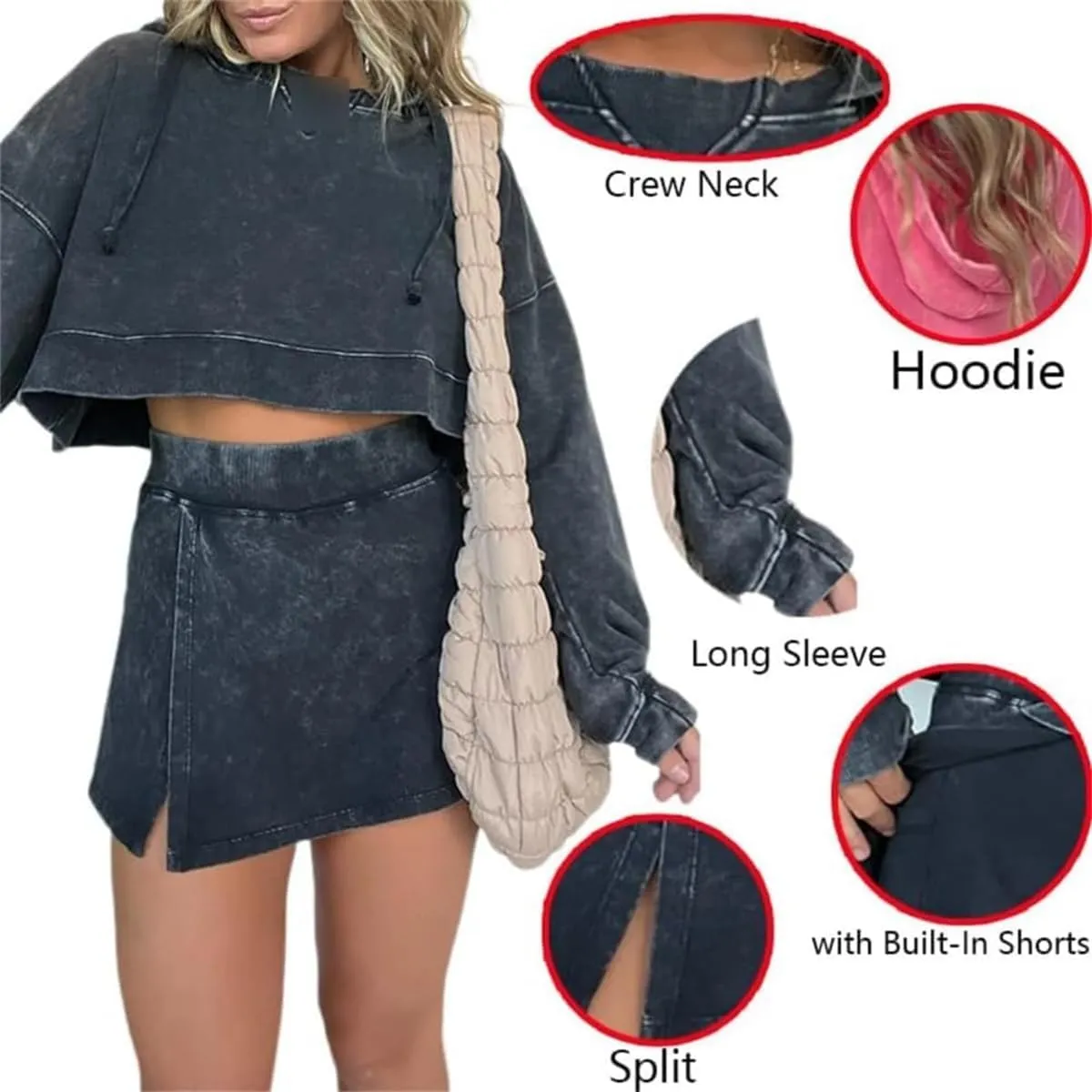 2024 New Lounge Washed Hoodie Skirt Set, Pink Laura Lounge Long Sleeve Skort Set, Mini Sweat Skort Set 2 Piece Outfits