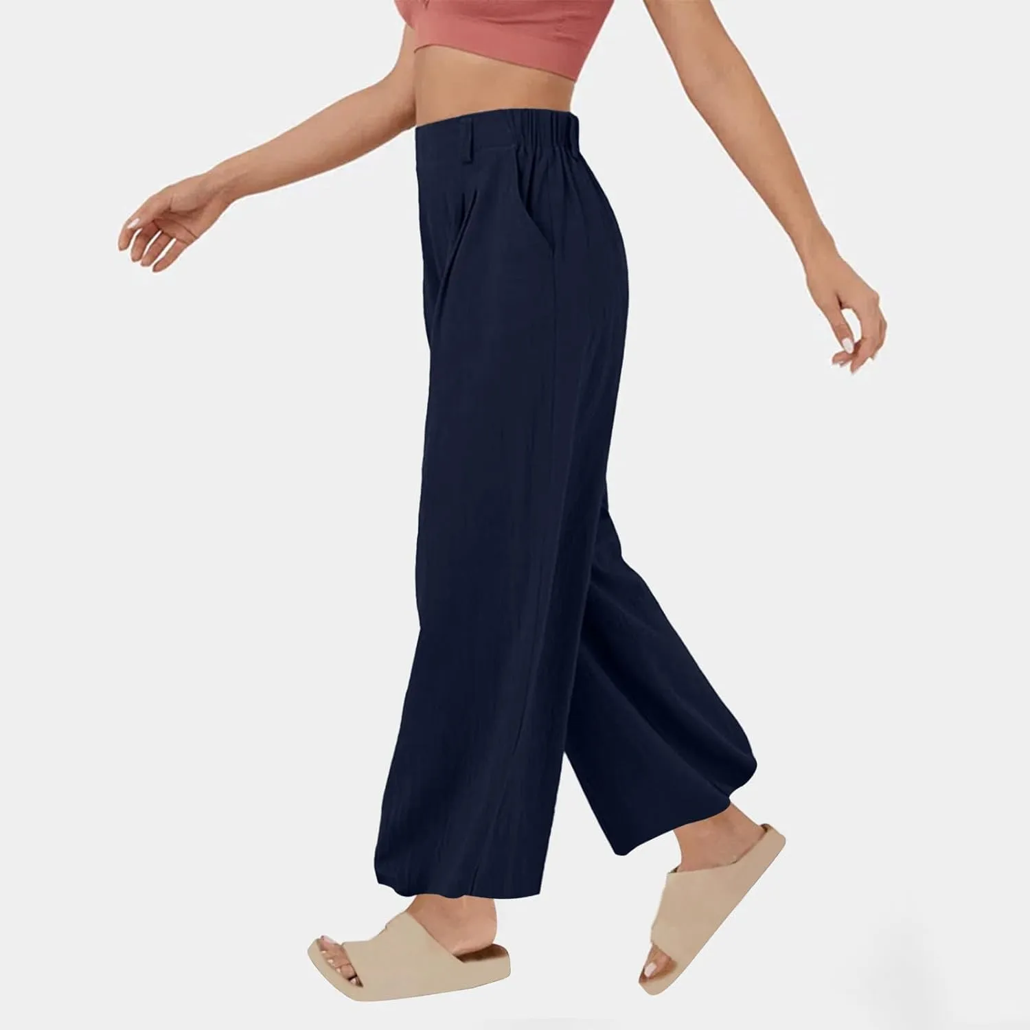 2025 Trendy Pure Color Linen Pants for Women's Elastic Waist Wide Leg Casual Trousers with Pockets, Loose Fit