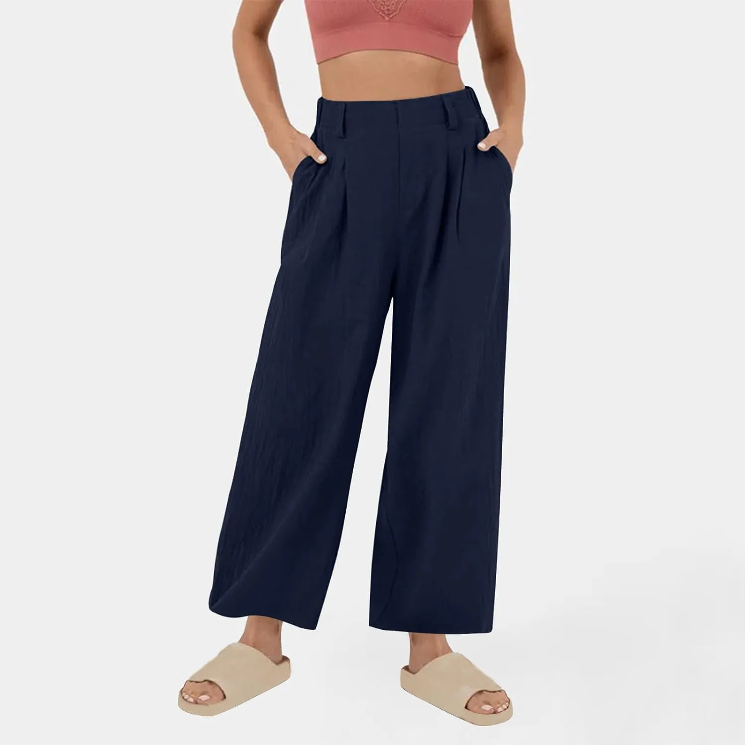 2025 Trendy Pure Color Linen Pants for Women's Elastic Waist Wide Leg Casual Trousers with Pockets, Loose Fit