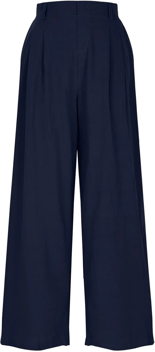 2025 Trendy Pure Color Linen Pants for Women's Elastic Waist Wide Leg Casual Trousers with Pockets, Loose Fit