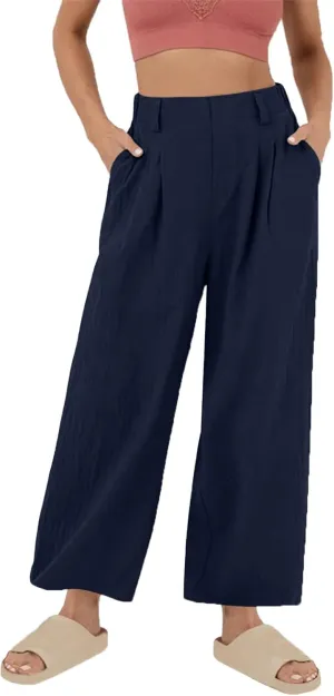 2025 Trendy Pure Color Linen Pants for Women's Elastic Waist Wide Leg Casual Trousers with Pockets, Loose Fit
