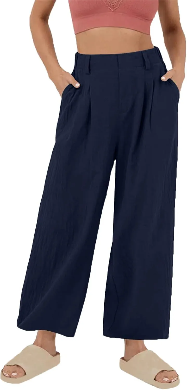 2025 Trendy Pure Color Linen Pants for Women's Elastic Waist Wide Leg Casual Trousers with Pockets, Loose Fit