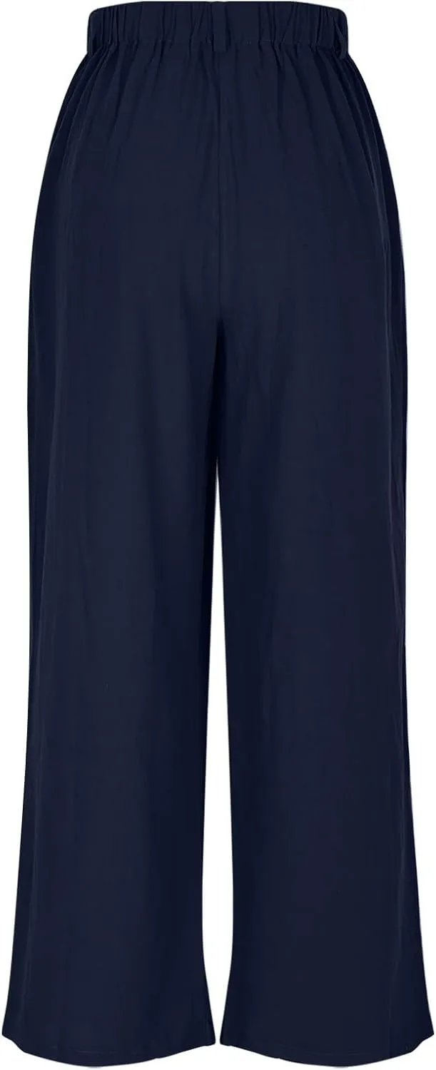 2025 Trendy Pure Color Linen Pants for Women's Elastic Waist Wide Leg Casual Trousers with Pockets, Loose Fit