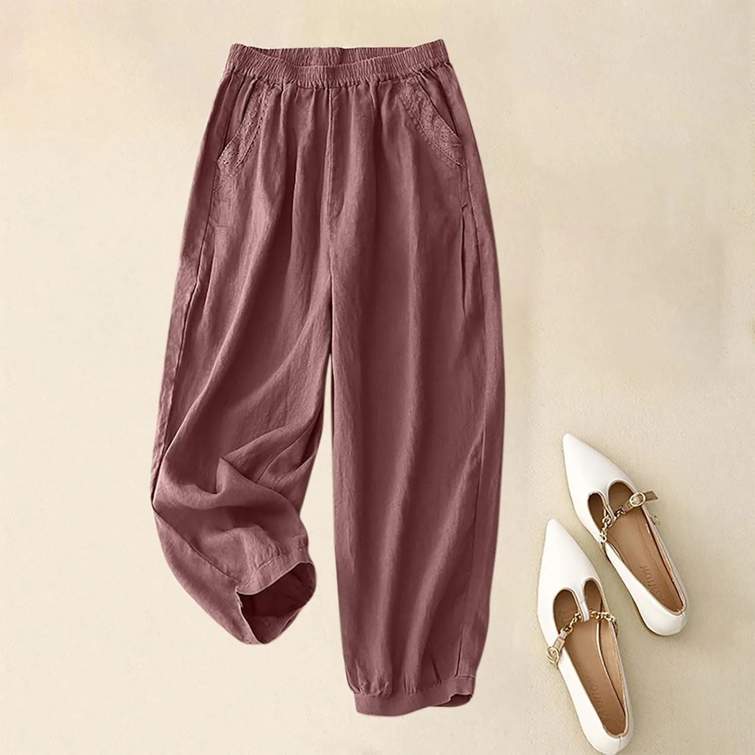 2025 Trendy Summer High Waisted Cotton Linen Pants for Women Casual Loose Solid Color Beach Wide Leg Long Trousers