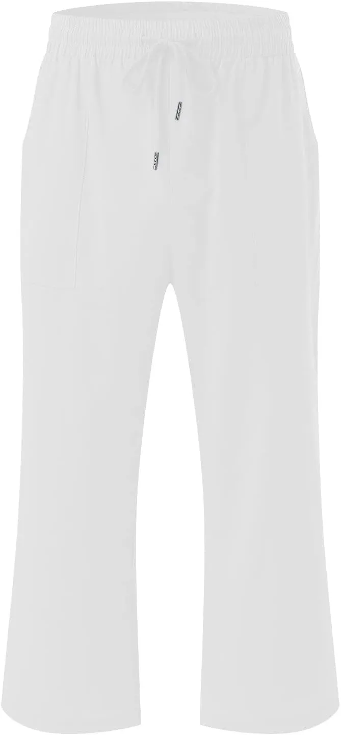 2PC Linen Trousers for Womens - Summer Solid Color Drawstring Waist Wide Leg Cropped Pants with Pockets, Loose Fit