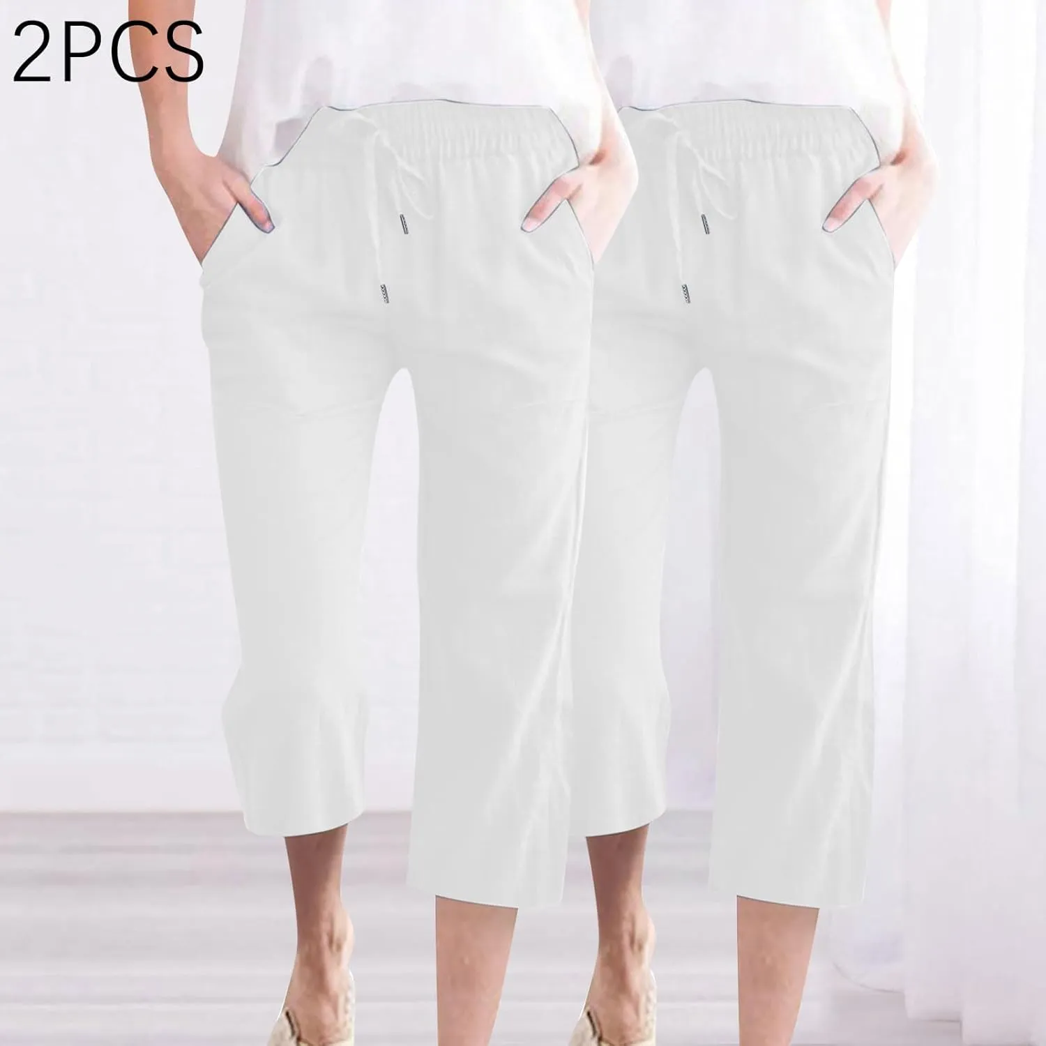 2PC Linen Trousers for Womens - Summer Solid Color Drawstring Waist Wide Leg Cropped Pants with Pockets, Loose Fit