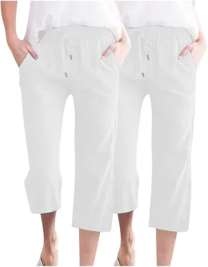 2PC Linen Trousers for Womens - Summer Solid Color Drawstring Waist Wide Leg Cropped Pants with Pockets, Loose Fit