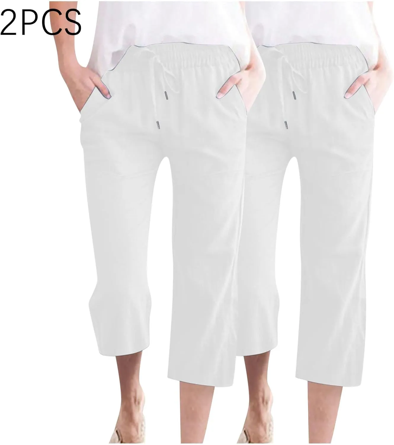 2PC Linen Trousers for Womens - Summer Solid Color Drawstring Waist Wide Leg Cropped Pants with Pockets, Loose Fit
