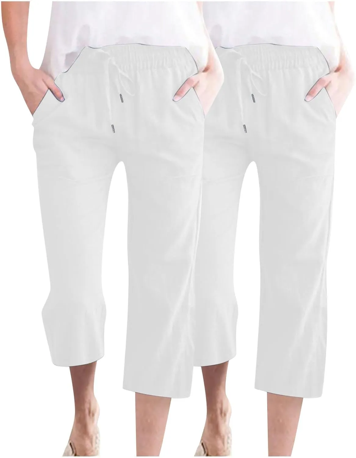 2PC Linen Trousers for Womens - Summer Solid Color Drawstring Waist Wide Leg Cropped Pants with Pockets, Loose Fit