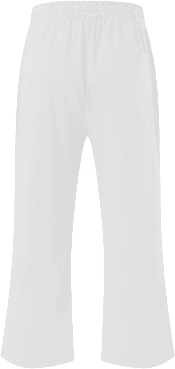 2PC Linen Trousers for Womens - Summer Solid Color Drawstring Waist Wide Leg Cropped Pants with Pockets, Loose Fit