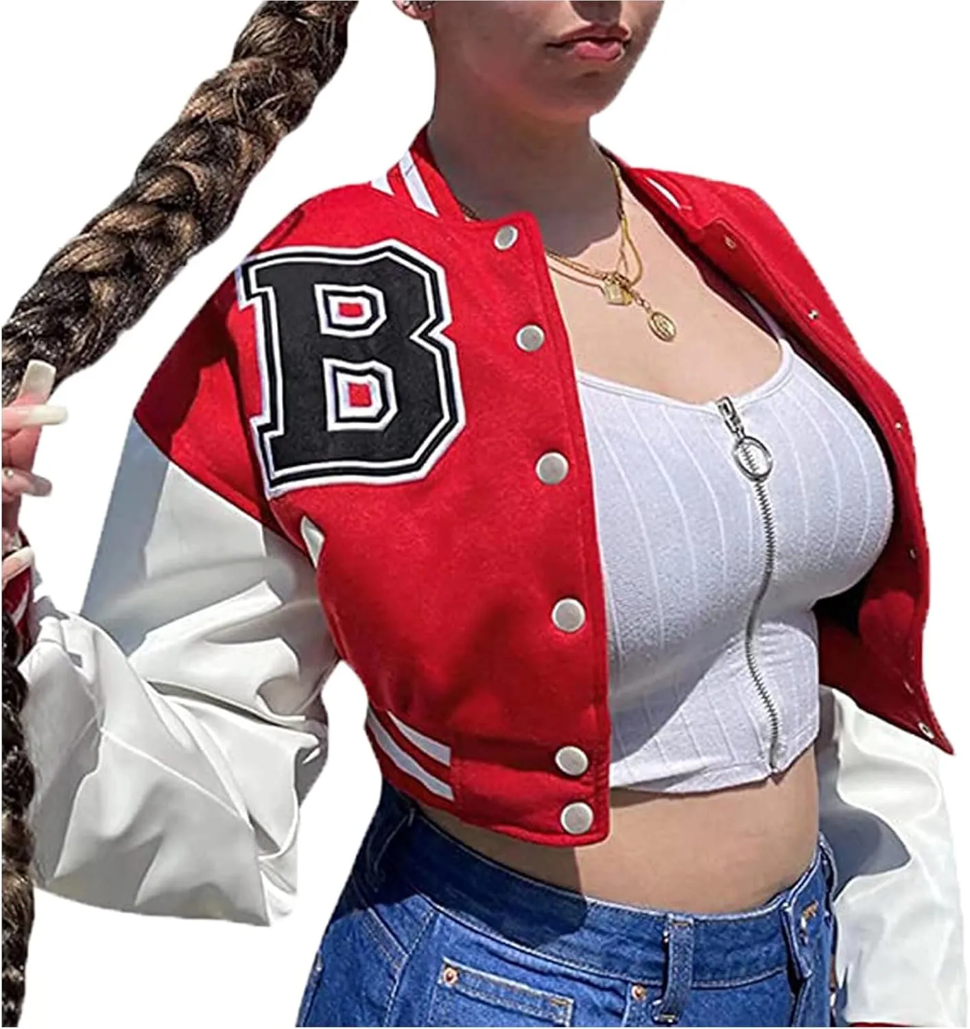 ACEFAST INC Womens Crop Varsity Jacket Letterman Baseball Jacket Bomber Vintage Y2k Streetwear Short Coat