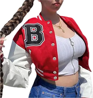 ACEFAST INC Womens Crop Varsity Jacket Letterman Baseball Jacket Bomber Vintage Y2k Streetwear Short Coat