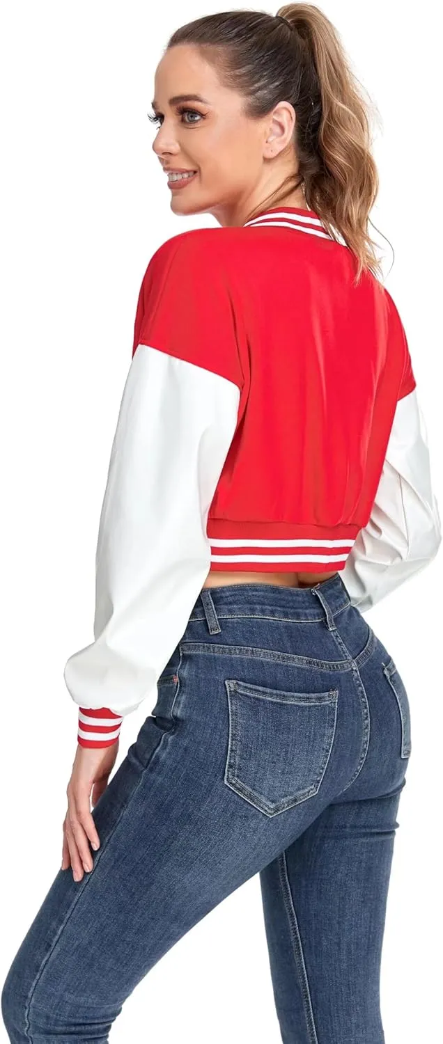 ACEFAST INC Womens Crop Varsity Jacket Letterman Baseball Jacket Bomber Vintage Y2k Streetwear Short Coat
