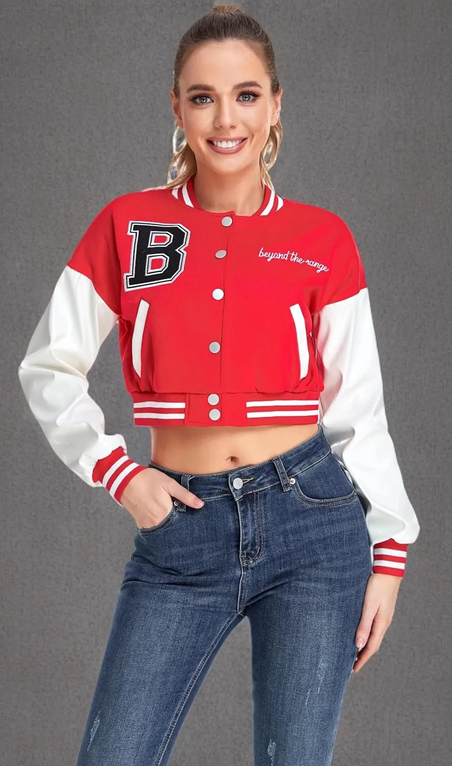 ACEFAST INC Womens Crop Varsity Jacket Letterman Baseball Jacket Bomber Vintage Y2k Streetwear Short Coat