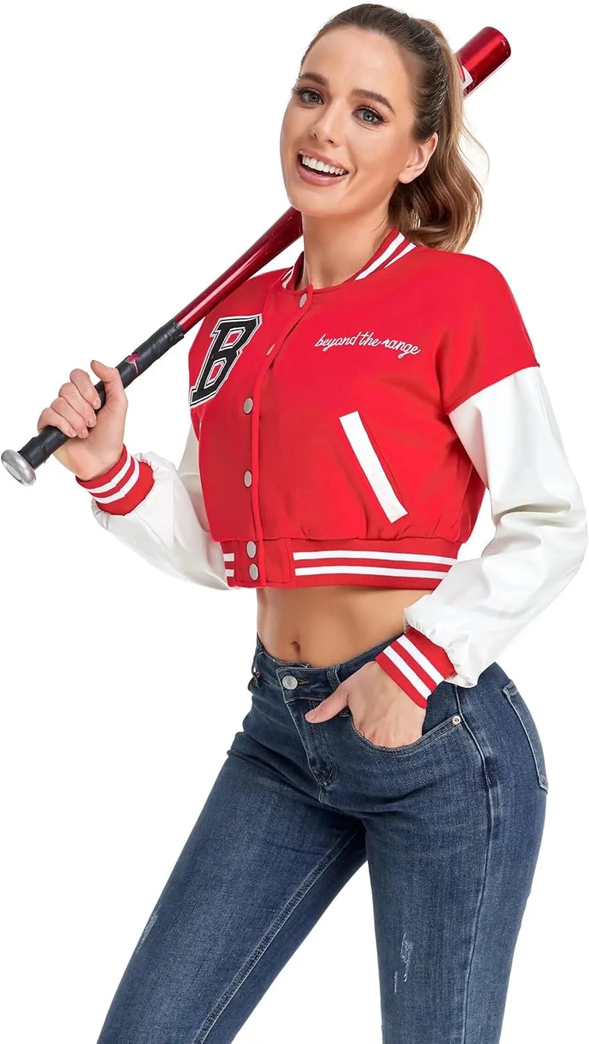 ACEFAST INC Womens Crop Varsity Jacket Letterman Baseball Jacket Bomber Vintage Y2k Streetwear Short Coat