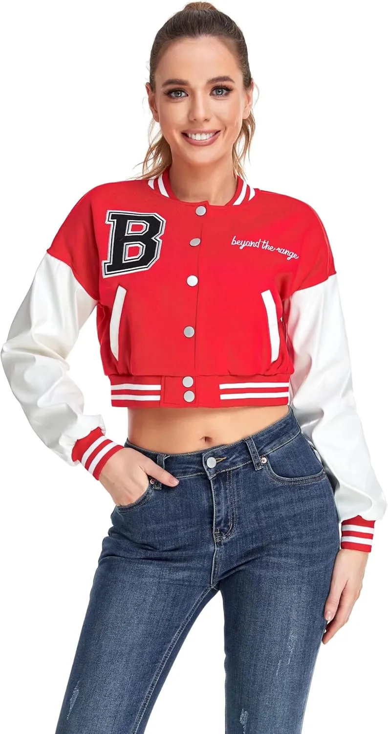 ACEFAST INC Womens Crop Varsity Jacket Letterman Baseball Jacket Bomber Vintage Y2k Streetwear Short Coat