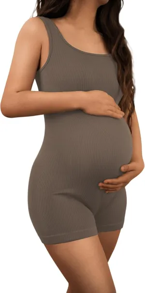 AIBIANOCEL Women's Maternity Bodysuit Pregnancy Shapewear Sleeveless Tank Top Shorts Ribbed Romper Jumpsuit