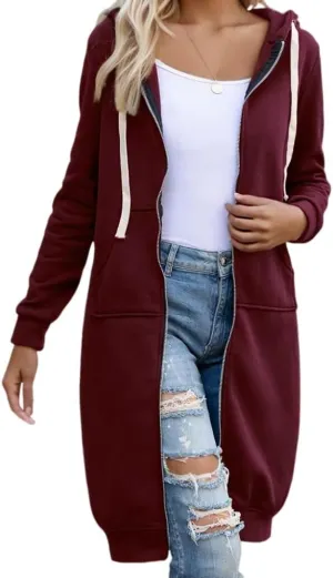 Akivide Women's Fall Oversized Zip Up Long Hoodie with Pockets Winter Casual Loose Knee Length Solid Hooded Sweatshirt Coat