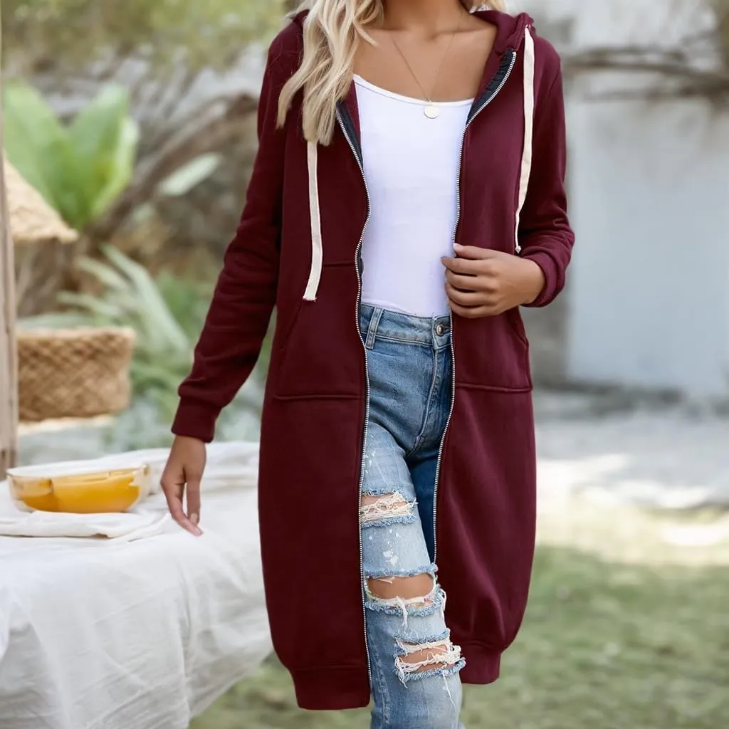 Akivide Women's Fall Oversized Zip Up Long Hoodie with Pockets Winter Casual Loose Knee Length Solid Hooded Sweatshirt Coat