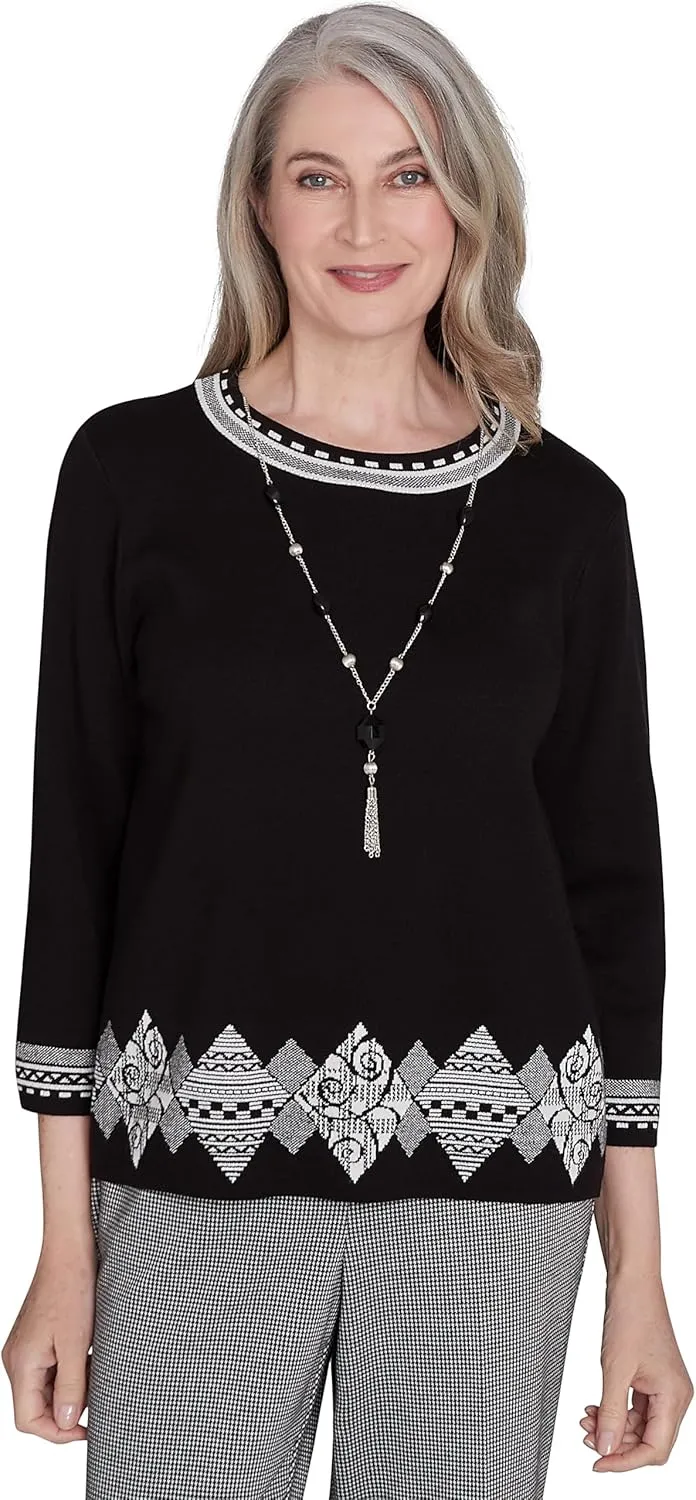 Alfred Dunner Runway Ready Black and White with Diamond Border Knit Sweater Top
