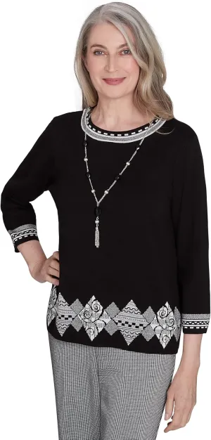 Alfred Dunner Runway Ready Black and White with Diamond Border Knit Sweater Top