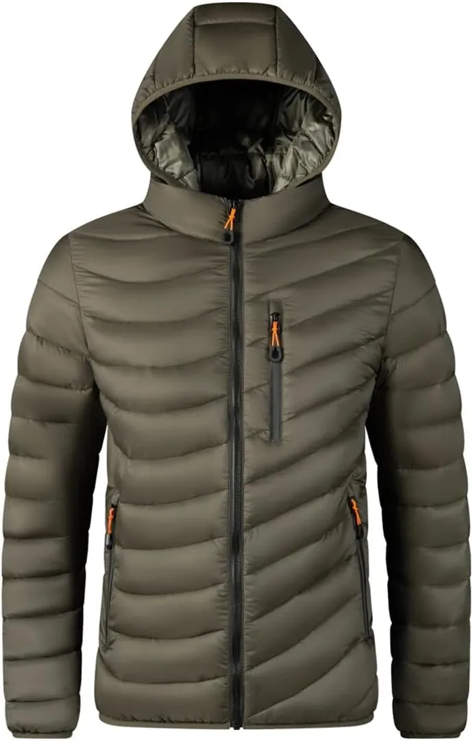 Alloaone Men Windbreaker Hooded Parkas Warm Jacket Lightweight Cotton Padded Jacket Coat