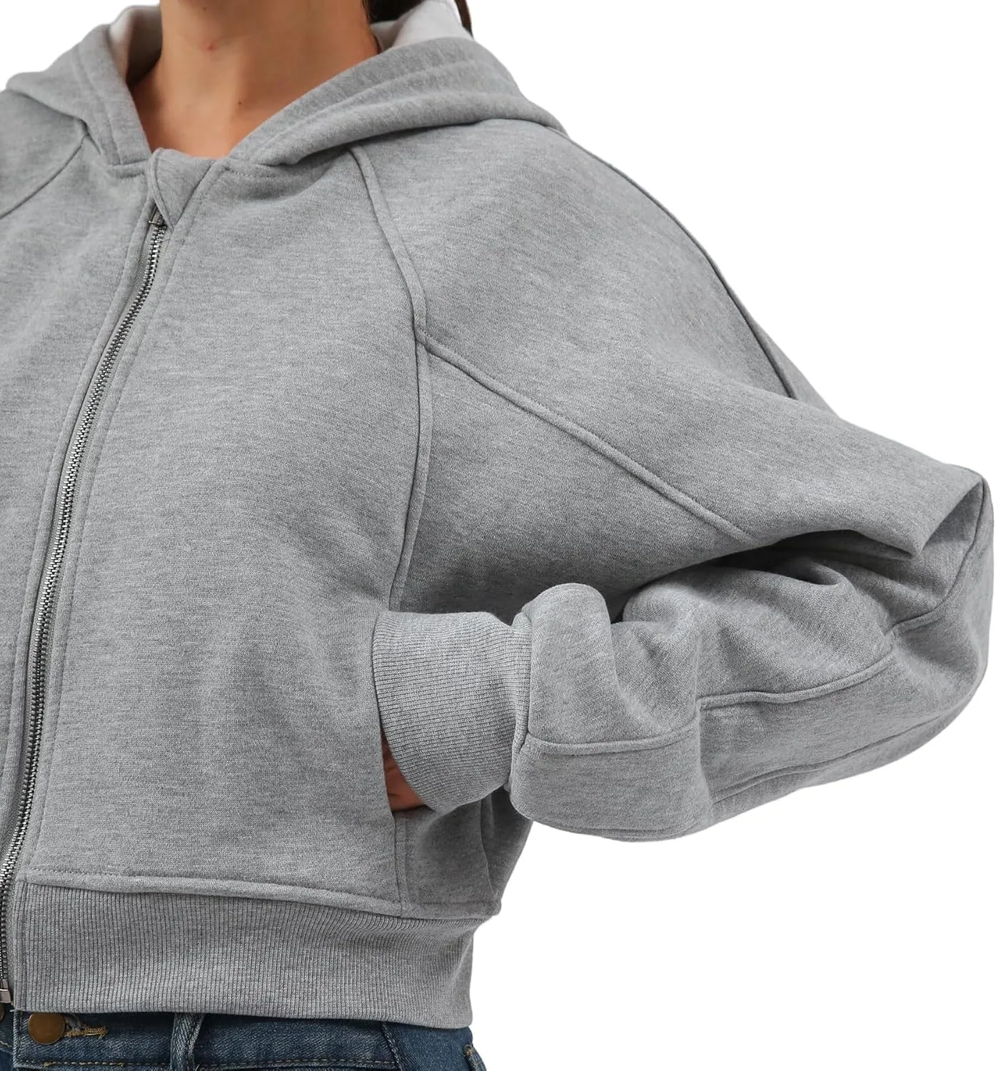 Amazhiyu Women' s Fleece Oversized Full-Zip Cropped Hoodie Winter Crop Top