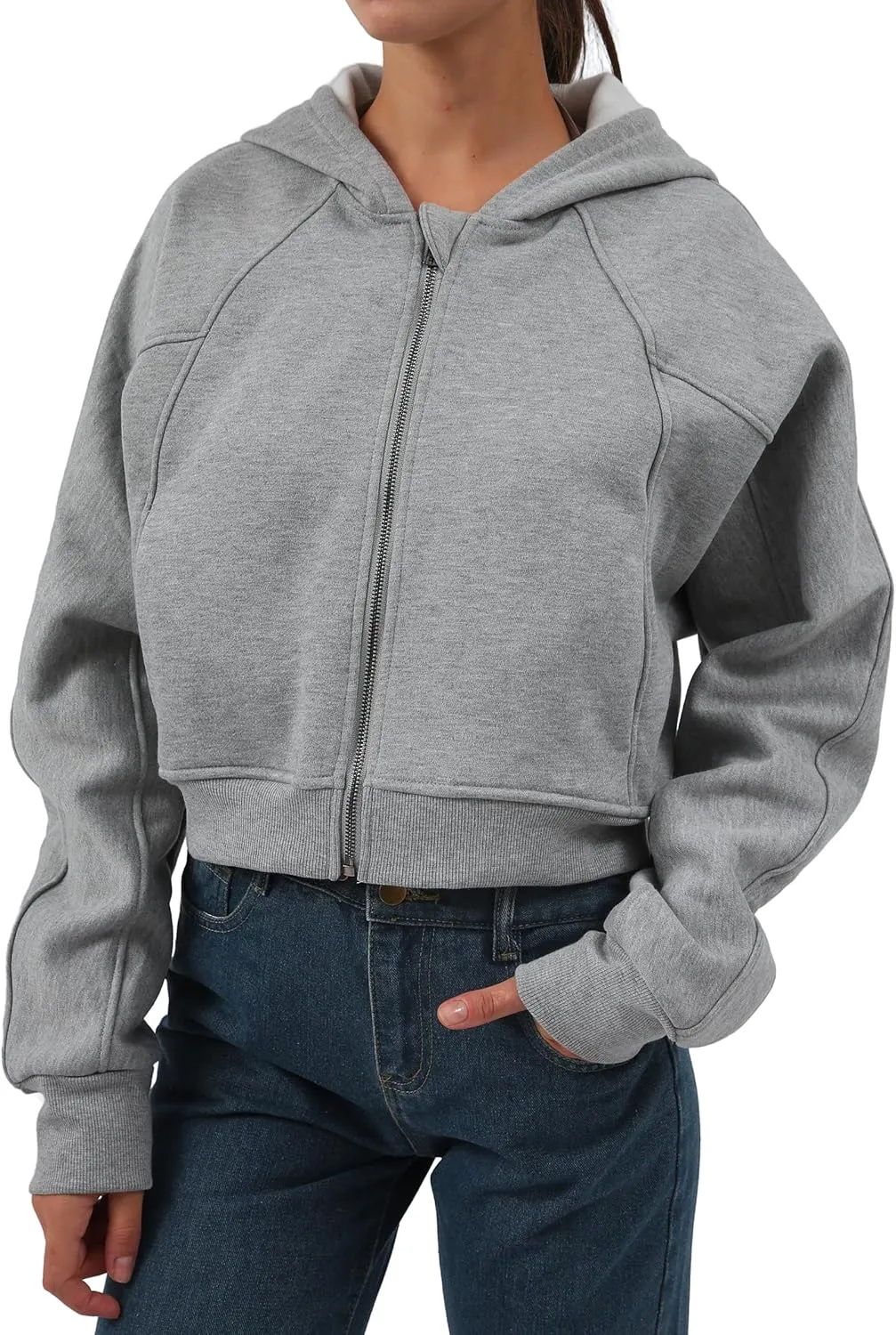 Amazhiyu Women' s Fleece Oversized Full-Zip Cropped Hoodie Winter Crop Top