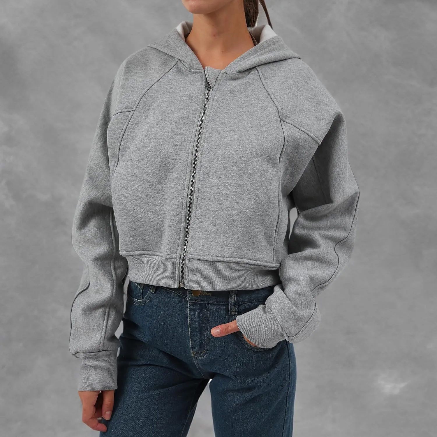 Amazhiyu Women' s Fleece Oversized Full-Zip Cropped Hoodie Winter Crop Top