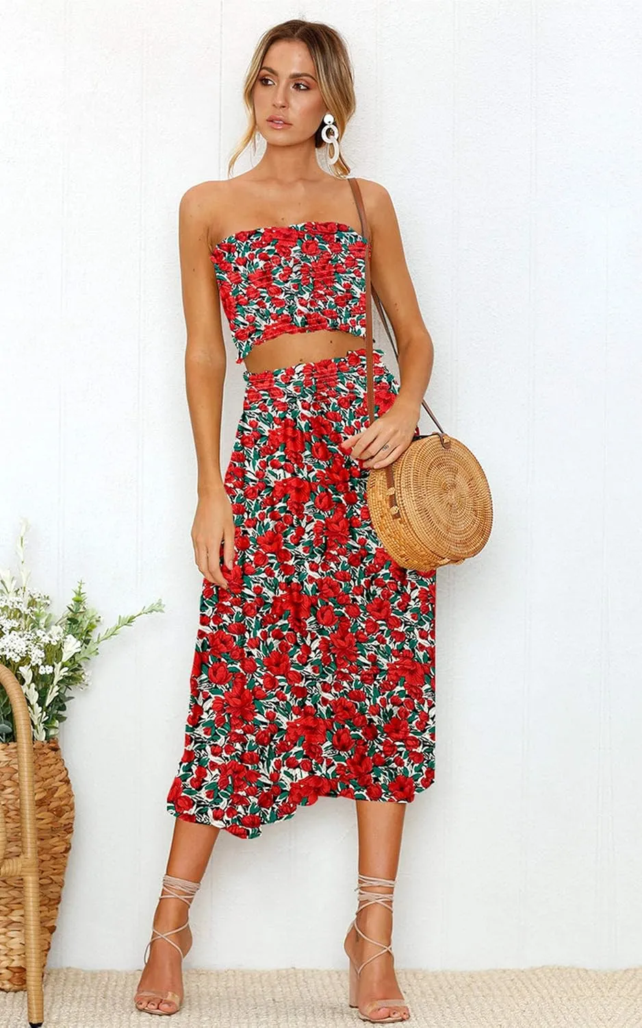 Angashion Women's Floral Crop Top Maxi Skirts Set 2 Piece Outfit Dress
