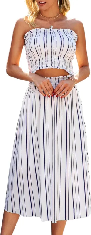 Angashion Women's Floral Crop Top Maxi Skirts Set 2 Piece Outfit Dress