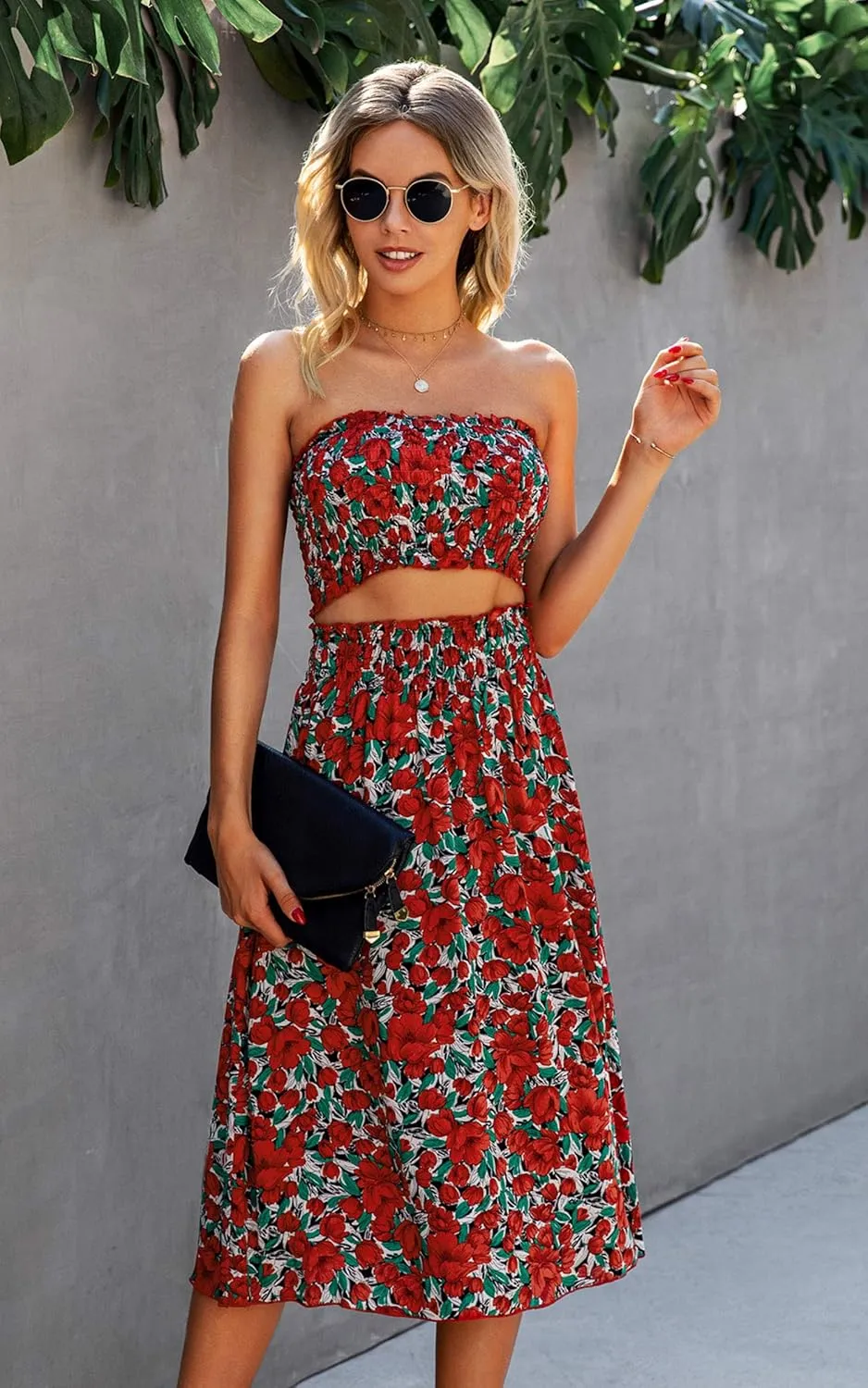 Angashion Women's Floral Crop Top Maxi Skirts Set 2 Piece Outfit Dress