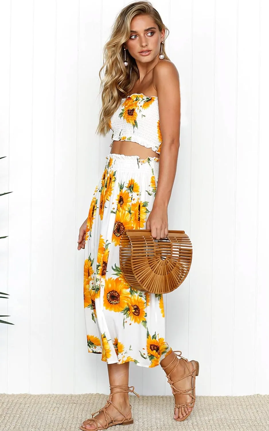 Angashion Women's Floral Crop Top Maxi Skirts Set 2 Piece Outfit Dress