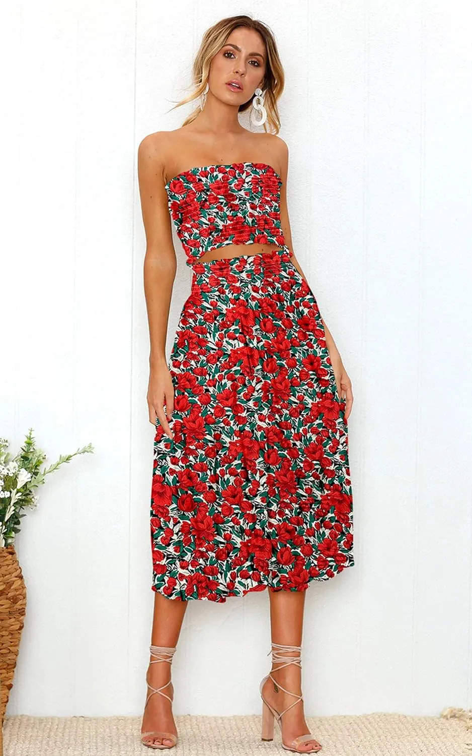 Angashion Women's Floral Crop Top Maxi Skirts Set 2 Piece Outfit Dress