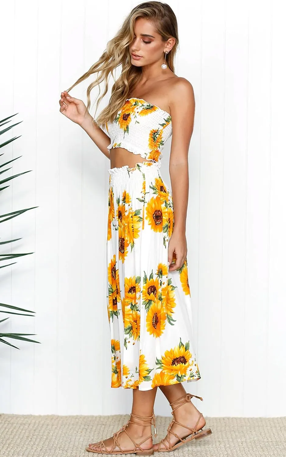 Angashion Women's Floral Crop Top Maxi Skirts Set 2 Piece Outfit Dress