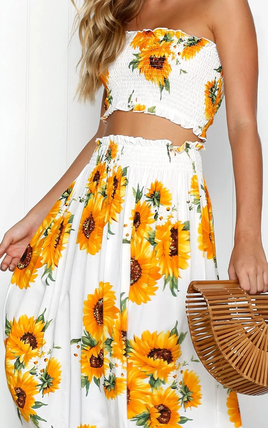 Angashion Women's Floral Crop Top Maxi Skirts Set 2 Piece Outfit Dress