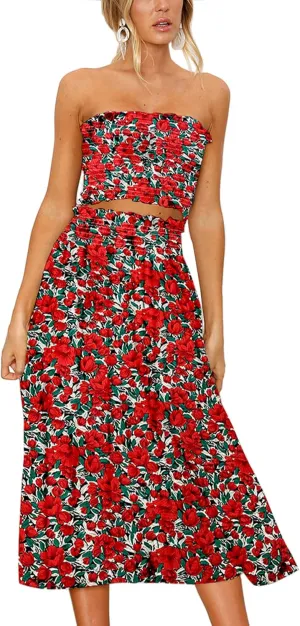 Angashion Women's Floral Crop Top Maxi Skirts Set 2 Piece Outfit Dress
