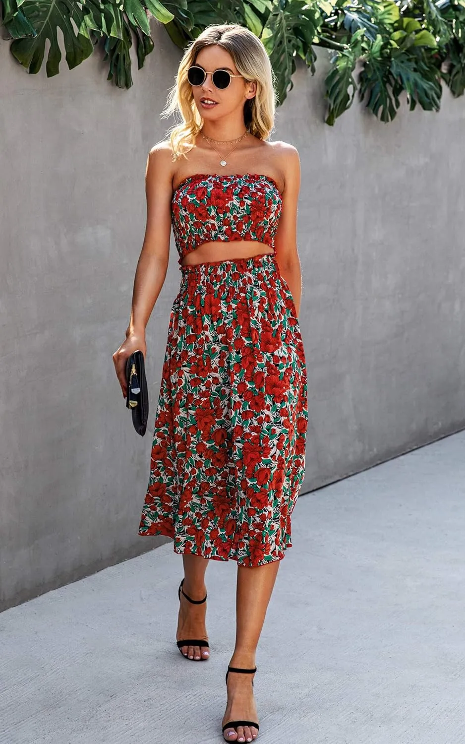 Angashion Women's Floral Crop Top Maxi Skirts Set 2 Piece Outfit Dress